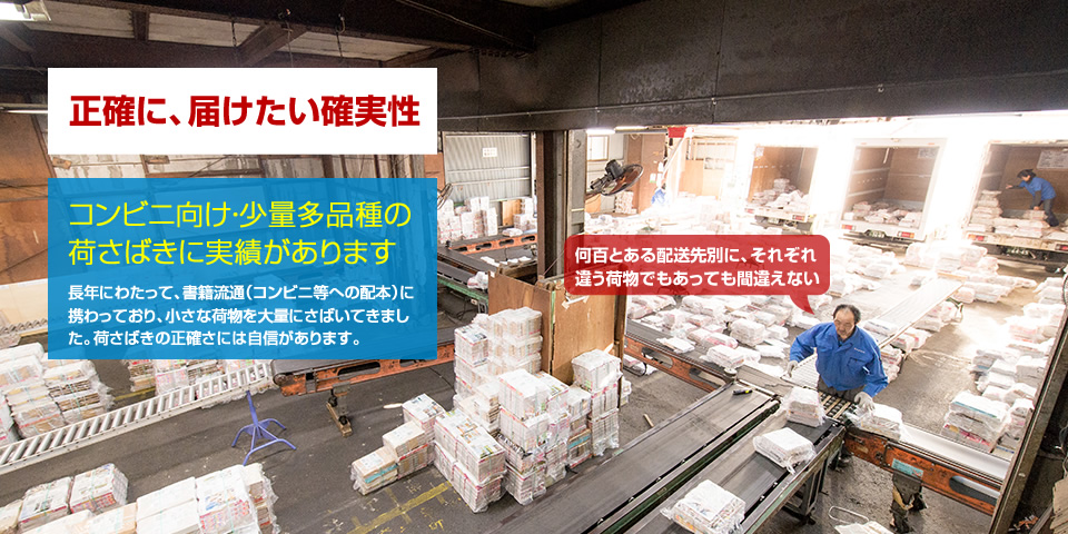 藤島運輸はコンビニ・書店向けの、少量多品種の荷さばきに実績があります